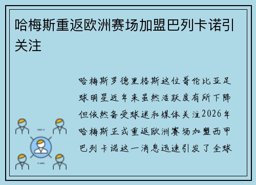 哈梅斯重返欧洲赛场加盟巴列卡诺引关注